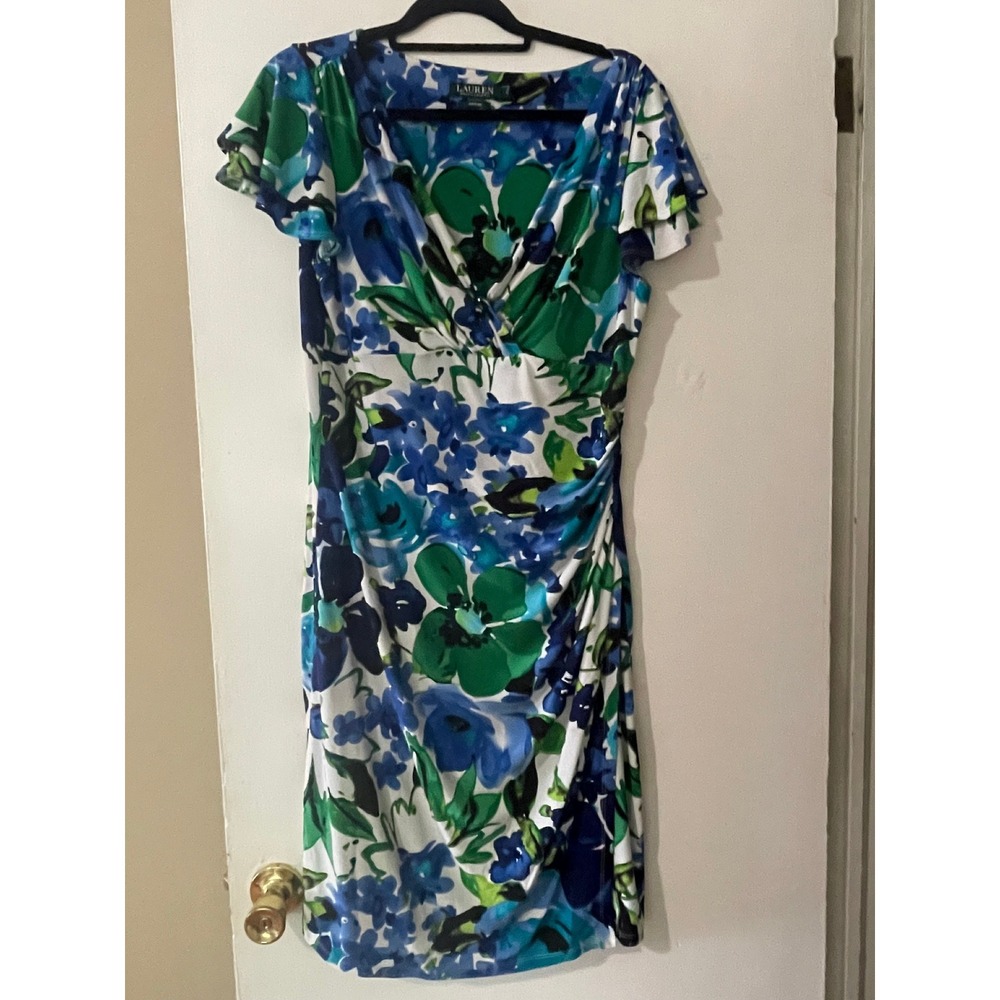 Lauren Ralph Lauren Faux Wrap Dress 16 Floral Cap Sleeve Ruched Blue Knee Length